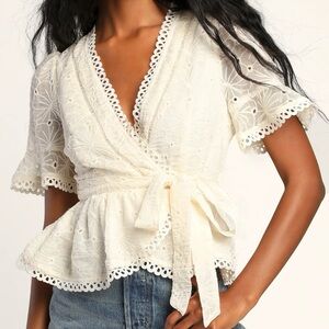 NWT LuLu’s Hello Lover Cream Embroidered Peplum Top